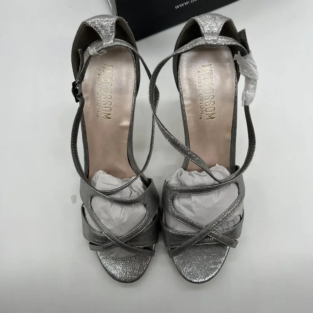 De Blossom Collection Ankle Strap Heeles Women's Size 9 Shoes Silver Shimmer